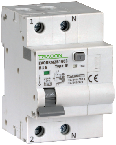Wyłącznik różnicowoprądowy zczł. nadprąd., B, 2P, 3-mod. B25A, 30 mA, 6kA, B EVOBKM2B2503 Tracon Electric