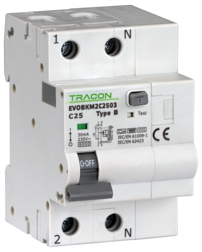Wyłącznik różnicowoprądowy zczł. nadprąd., C, 2P, 3-mod. C16A, 30 mA, 6kA, C EVOBKM2C1603 Tracon Electric