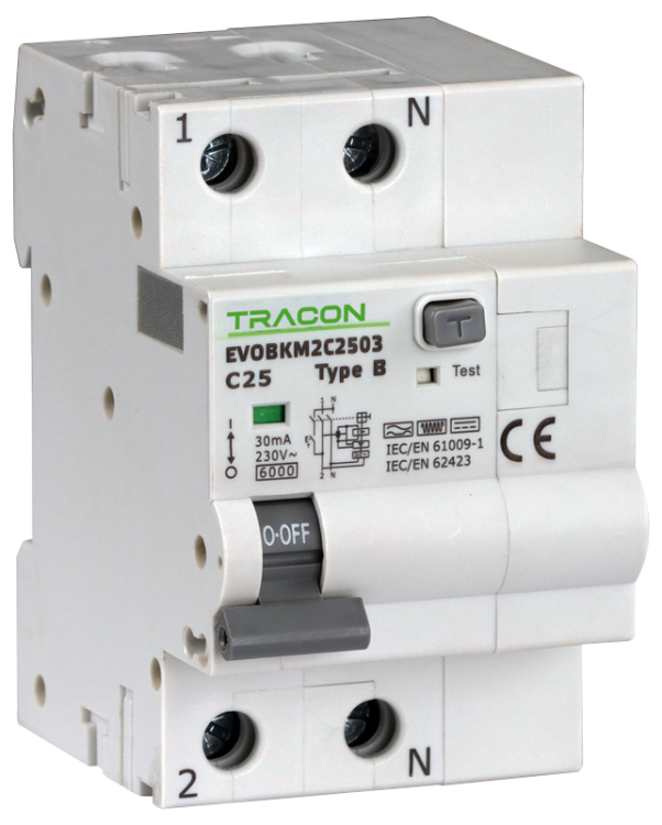 Wyłącznik różnicowoprądowy zczł. nadprąd., C, 2P, 3-mod. C20A, 30 mA, 6kA, C EVOBKM2C2003 Tracon Electric