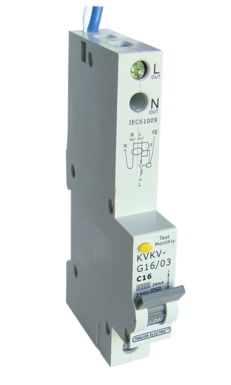 Kombinowany wyłącznik ochronny, 2P, 1 mod, char. C 16A, 100mA, 6kA, A/AC, E3 KVKV-G16/100 Tracon Electric