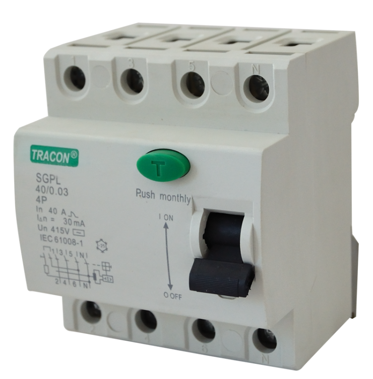 Wyłącznik różnicowo-prądowy 4,5kA, 4P 25A, 30mA, 4,5 kA, 4P RB4-25030 Tracon Electric