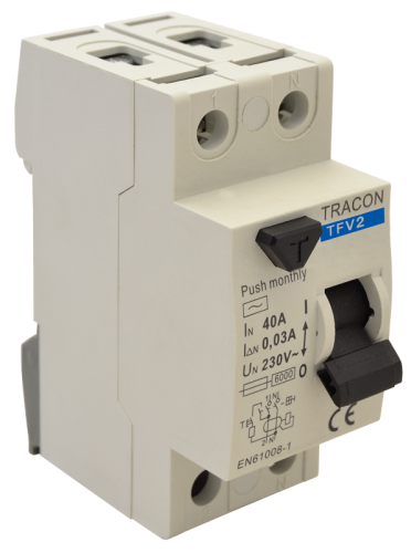 Wyłącznik różnicowo-prądowy 2-polowy 63A, 300mA, 6kA, AC TFV2-63300 Tracon Electric