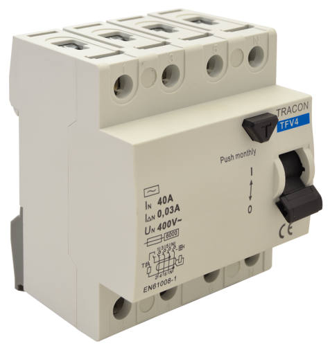 Wyłącznik różnicowo-prądowy 4-polowy 16A, 30mA, 6kA, AC TFV4-16030 Tracon Electric