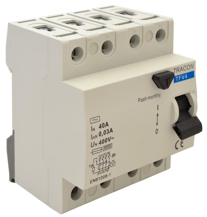 Wyłącznik różnicowo-prądowy 4-polowy 40A, 300mA, 6kA, AC TFV4-40300 Tracon Electric