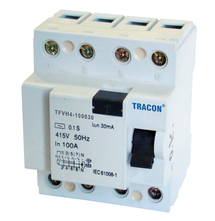 Wyłącznik różnicowo-prądowy o dużej mocy 4-polowy 100A, 300mA, 6kA, AC TFVH4-100300 Tracon Electric