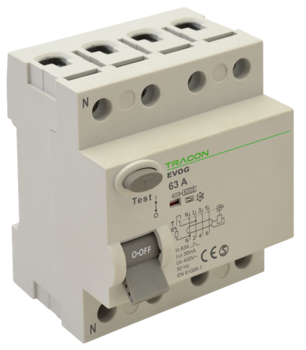Wyłącznik różnicowo-prądowy, 4-polowy 25A, 30mA, 6kA, A EVOG4P2503 Tracon Electric