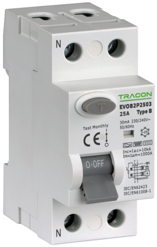 Wyłącznik różnicowoprądowy, 2-polowy 63A, 30mA, 10kA, B EVOB2P6303 Tracon Electric