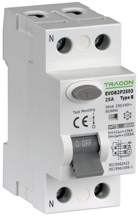 Wyłącznik różnicowoprądowy, 2-polowy 63A, 300mA, 10kA, B EVOB2P633 Tracon Electric