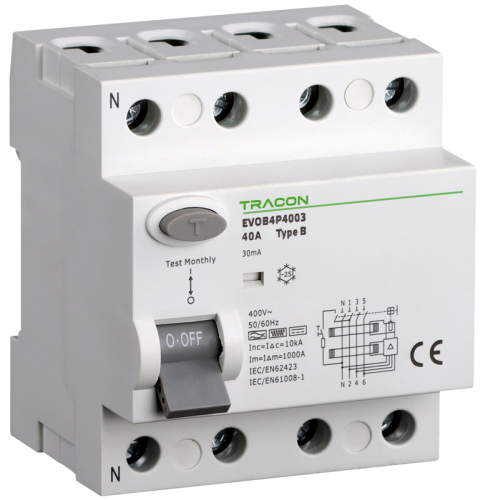 Wyłącznik różnicowoprądowy, 4-polowy 25A, 30mA, 10kA, B EVOB4P2503 Tracon Electric