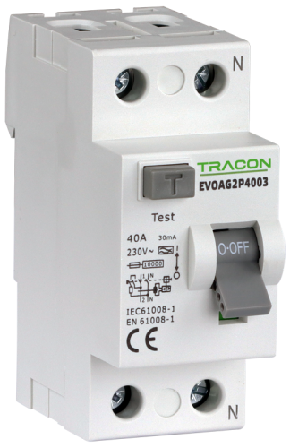 Wyłącznik różnicowoprądowy, 2-polowy 40A, 30mA, 10kA, AC EVOAV2P4003 Tracon Electric