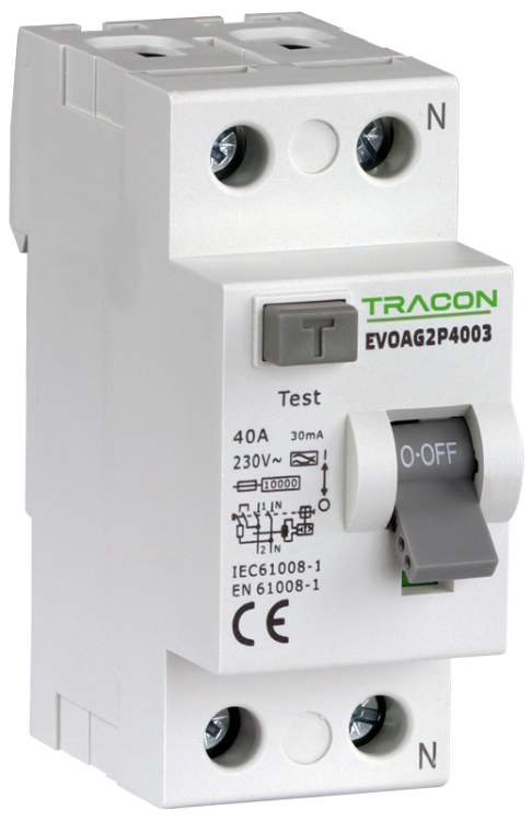 Wyłącznik różnicowoprądowy, 2-polowy 63A, 30mA, 10kA, A EVOAG2P6303 Tracon Electric