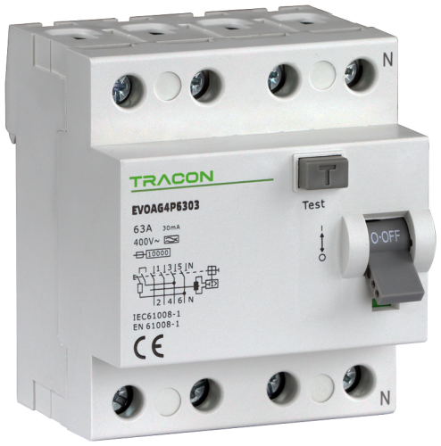 Wyłącznik różnicowoprądowy, 4-polowy 40A, 30mA, 10kA, A EVOAG4P4003 Tracon Electric