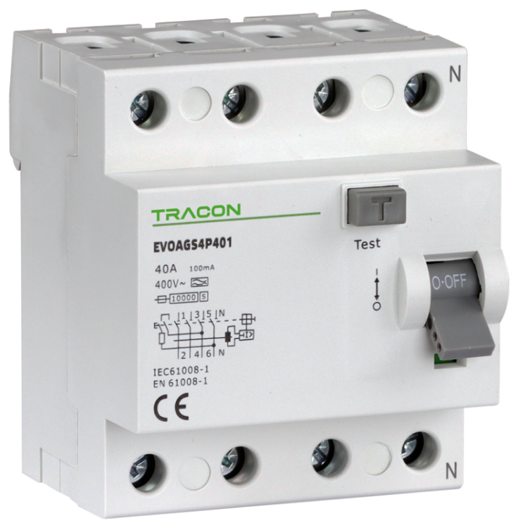 Wyłącznik różnicowoprądowy, 4-polowy 40A, 100mA, 10kA, A/S EVOAGS4P401 Tracon Electric