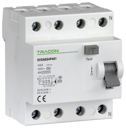 Wyłącznik różnicowoprądowy, 4-polowy 100A, 100mA, 10kA, A/S EVOAGS4P1001 Tracon Electric