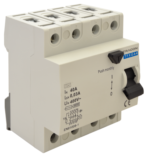 Wyłącznik różnicowo-prądowy, 4-polowy G/A 25A, 30mA, 10kA, G/A (ÖVE E 8601) TFXGA4-25030 Tracon Electric