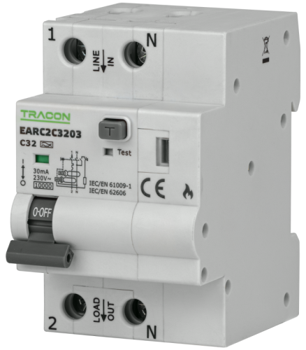 Detektor zwarć łukowych z wył. różnicowym i nadprądowym C25A, 30 mA, 6kA, A EARC2C2503 Tracon Electric