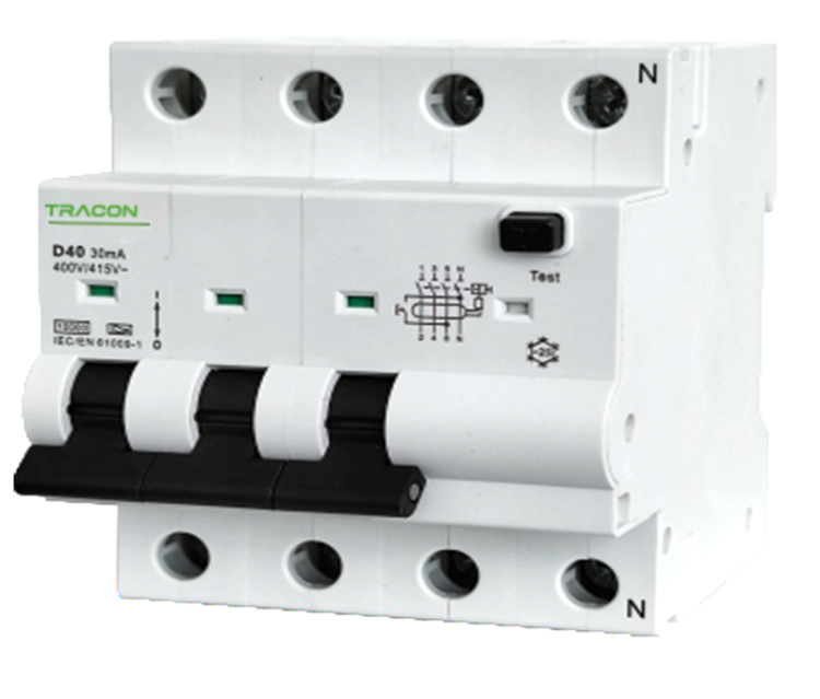 Wyłącznik różnicowoprądowy z czł. nadprąd., C, 4P, 5-mod. C40A, 30 mA, 6kA, C EVOBKM4C4003 Tracon Electric