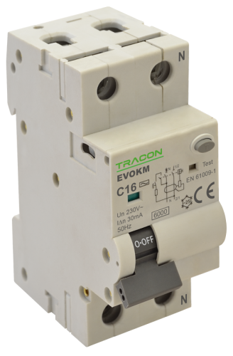 Wyłącznik różnicowoprądowy z czł. nadprąd., D, 2P, 2-mod. D6A, 100 mA, 10kA, A EVOKMA2D61 Tracon Electric