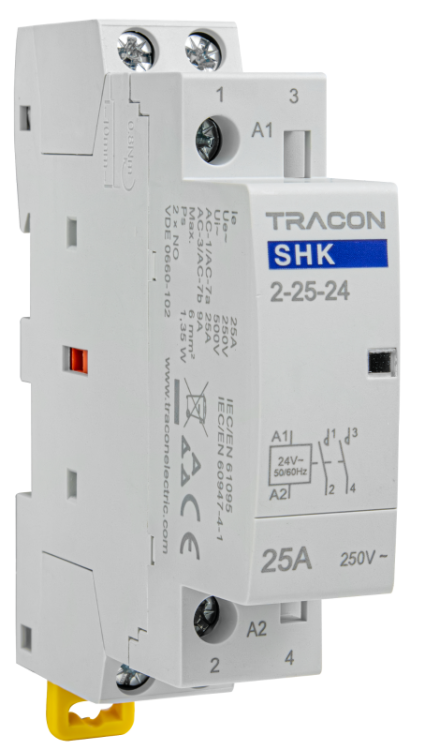 Stycznik instalacyjny 24V AC, 50Hz, 1 Mod, 2×NO, AC1/AC7a, 25A SHK2-25-24 Tracon Electric