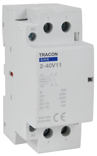 Stycznik instalacyjny 230V AC, 50Hz, 2 Mod, 1×NO+1×NC, AC1/AC7a, 40A SHK2-40V11 Tracon Electric