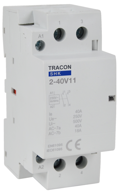 Stycznik instalacyjny 230V AC, 50Hz, 2 Mod, 1×NO+1×NC, AC1/AC7a, 40A SHK2-40V11 Tracon Electric