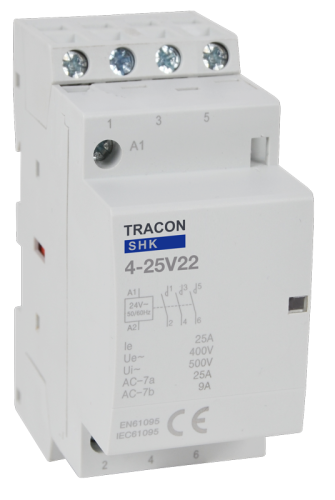Stycznik instalacyjny 230V AC, 50Hz, 2 Mod, 2×NO+2×NC, AC1/AC7a, 25A SHK4-25V22 Tracon Electric