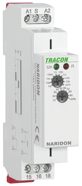 Przekaźnik modułowy z opóźnieniem załączenia, jednofunkcyjny AC/DC 12-240V, 0,1s-10d, 16A/AC1, 250VAC/24VDC NARIDON Tracon Electric