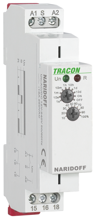 Przekaźnik modułowy z opóźnieniem wyłączenia, jednofunkcyjny AC/DC 12-240V, 0,1s-10d, 16A/AC1, 250VAC/24VDC NARIDOFF Tracon Electric