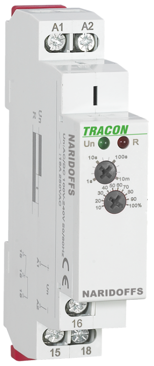 Przekaźnik modułowy z opóźnieniem wyłączenia, napięciowy AC/DC 12-240V, 0,1s-10m, 16A/AC1, 250VAC/24VDC NARIDOFFS Tracon Electric