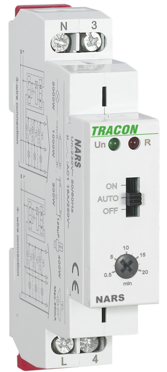 Schodowy wyłącznik czasowy AC 230V, 0,5s-20min, 16A/AC1, 250VAC/24VDC NARS Tracon Electric