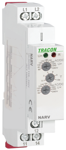 Jednofazowy przekaźnik napięciowy AC/DC 110-240V, U> U< = 65-260V, t=0,1-10s NARV1 Tracon Electric