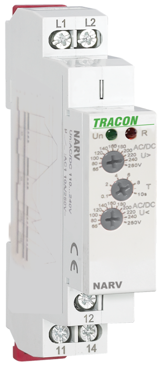 Jednofazowy przekaźnik napięciowy AC/DC 110-240V, U> U< = 65-260V, t=0,1-10s NARV1 Tracon Electric