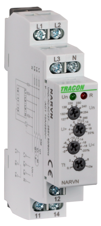 Trójfazowy przekaźnik napięciowy AC 230V L-N, U>,< ,= +/-2-20%, t=0,1-10s, Asymm 8% NARVN Tracon Electric