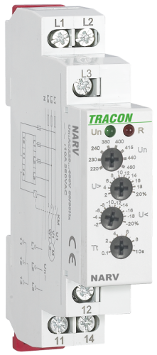 Trójfazowy przekaźnik napięciowy AC 220-460V, U> U< = +/-2-20%, t=0,1-10s, Asymm 8% NARV Tracon Electric