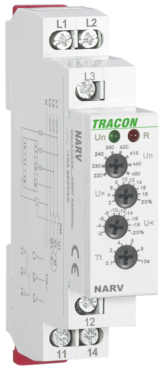 Trójfazowy przekaźnik napięciowy AC 220-460V, U> U< = +/-2-20%, t=0,1-10s, Asymm 8% NARV Tracon Electric