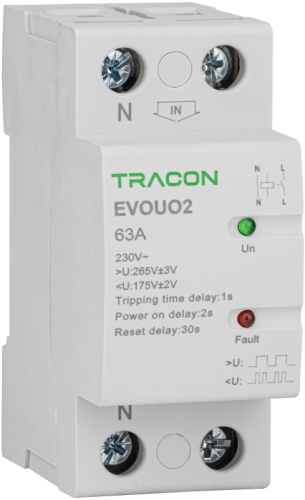 Automatyczy przekaźnik pod/nadnapięciowy AC230V,2P,63AU>:265V,U<:175V, Uon:2s, Trip:1s, Res:30s EVOUO2P63 Tracon Electric