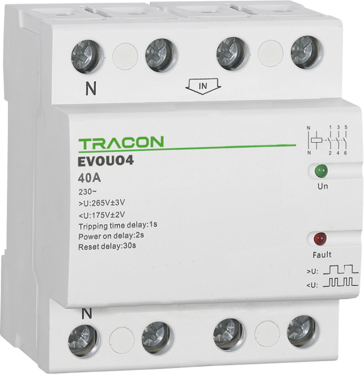 Automatyczy przekaźnik pod/nadnapięciowy AC230V,4P,40AU>:265V,U<:175V, Uon:2s, Trip:1s, Res:30s EVOUO4 Tracon Electric