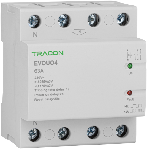 Automatyczy przekaźnik pod/nadnapięciowy AC230V,4P,63AU>:265V,U<:175V, Uon:2s, Trip:1s, Res:30s EVOUO4P63 Tracon Electric