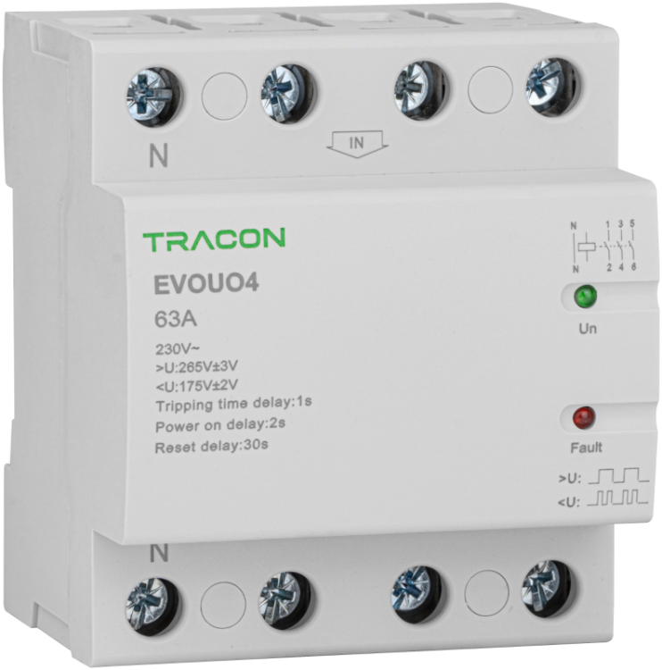 Automatyczy przekaźnik pod/nadnapięciowy AC230V,4P,63AU>:265V,U<:175V, Uon:2s, Trip:1s, Res:30s EVOUO4P63 Tracon Electric