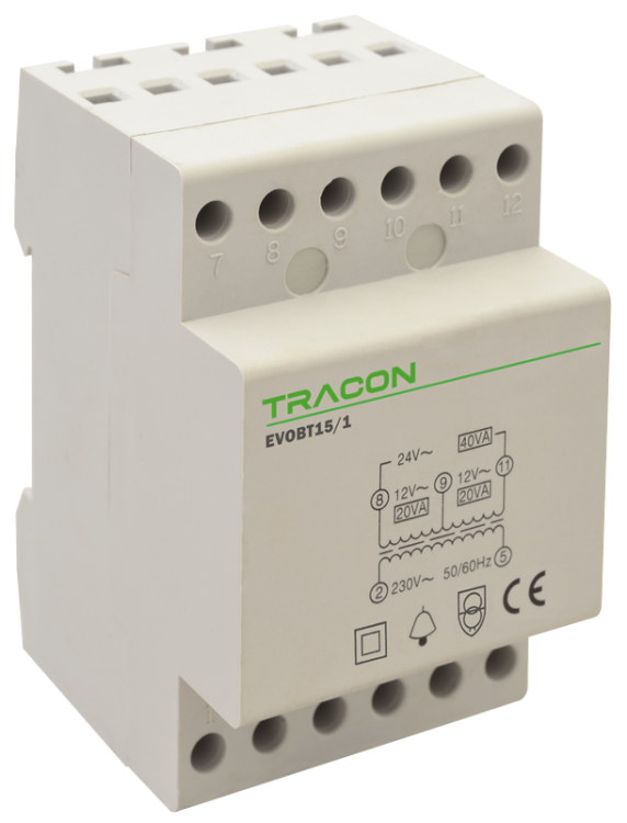 Transformator dzwonkowy (bezpieczeństwa) 230V/4-8-12V AC, Psmax.:15VA, Is:1,25A EVOBT15/1 Tracon Electric