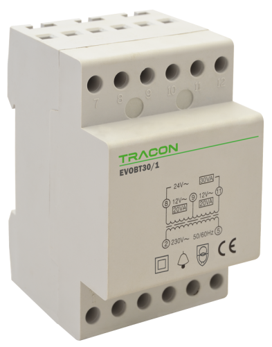 Transformator dzwonkowy (bezpieczeństwa) 230V/12-12-24V AC, Psmax.:30VA, Is:1,25A EVOBT30/1 Tracon Electric