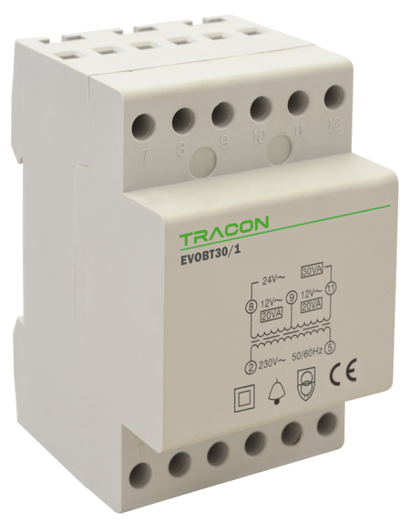 Transformator dzwonkowy (bezpieczeństwa) 230V/12-12-24V AC, Psmax.:30VA, Is:1,25A EVOBT30/1 Tracon Electric