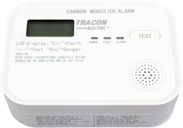 Czujnik tlenku węgla (CO) 4,5 VDC (3×1,5V AA), >85 dB CO218A Tracon Electric