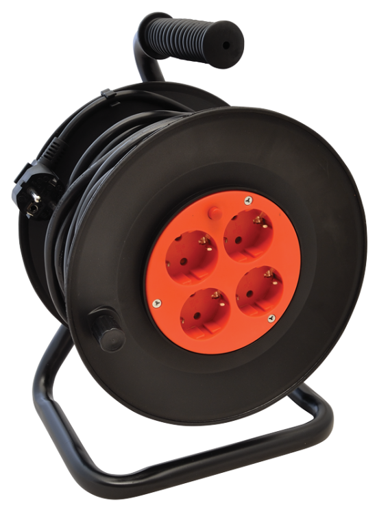 Przedłużacz schuko na bębnie 4×SCHUKO, 25m, 250V AC, 16A, 3×1,5mm2, H05VV-F, IP20 KD-4/25-B Tracon Electric