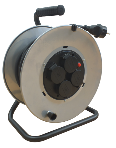 Przedłużacz schuko na bębnie z ramą metalową 4×SCHUKO, 25m, 250V AC, 16A, 3×2,5mm2, H07RN-F, IP44 KD-6/25-R Tracon Electric