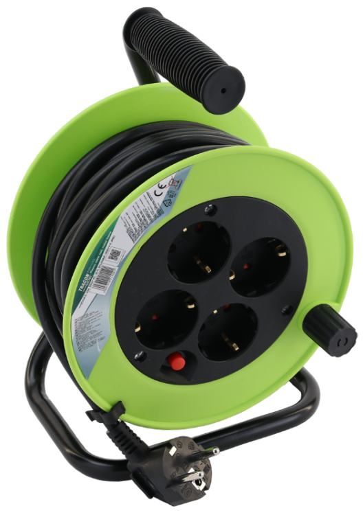 Przedłużacz bębnowy z ramą metalową 4×SCHUKO, 10m, 250V AC, 16 A, 3×1,5mm2, H05VV-F, IP20 KDZ-4/10 Tracon Electric