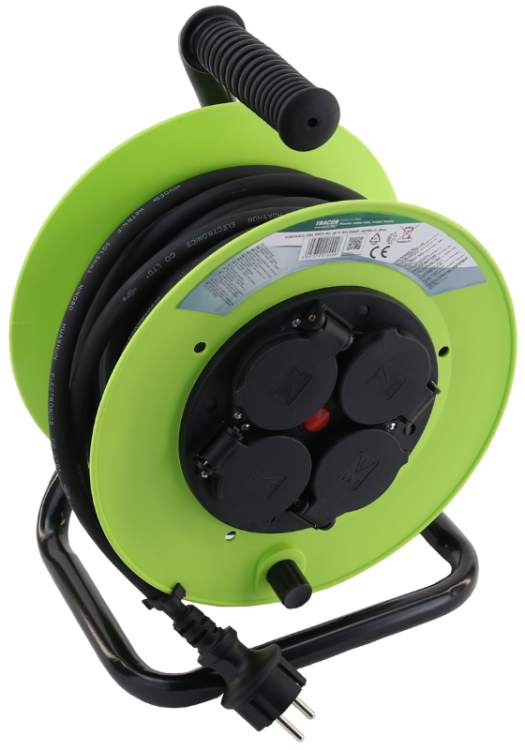 Przedłużacz bębnowy z ramą metalową 4×SCHUKO, 10m, 250V AC, 16 A, 3×1,5mm2, H07RN-F, IP44 KDZ-4/10G Tracon Electric