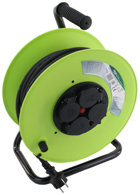 Przedłużacz bębnowy z ramą metalową 4×SCHUKO, 30m, 250V AC, 16 A, 3×1,5mm2, H07RN-F, IP44 KDZ-4/30G Tracon Electric