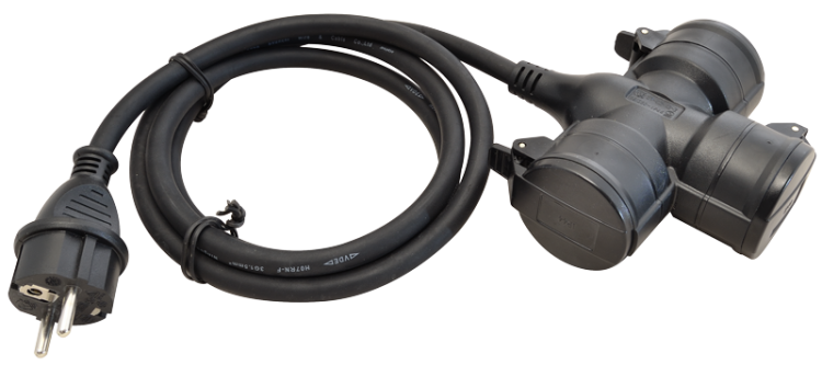 Przenośne gniazdo potrójne gumowane 250 VAC, 16 A, 3XSCHUKO, max. 3680 W, IP44, 1,5m KE3 Tracon Electric