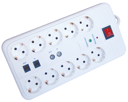 Przedłużacz 10gn. z ochroną przep. i nadpr.+konc+tel bolec 10×SCHUKO, 3m, max.16A, 250VAC, 3680W, H05VV-F HNKTM10-3M-KT Tracon Electric